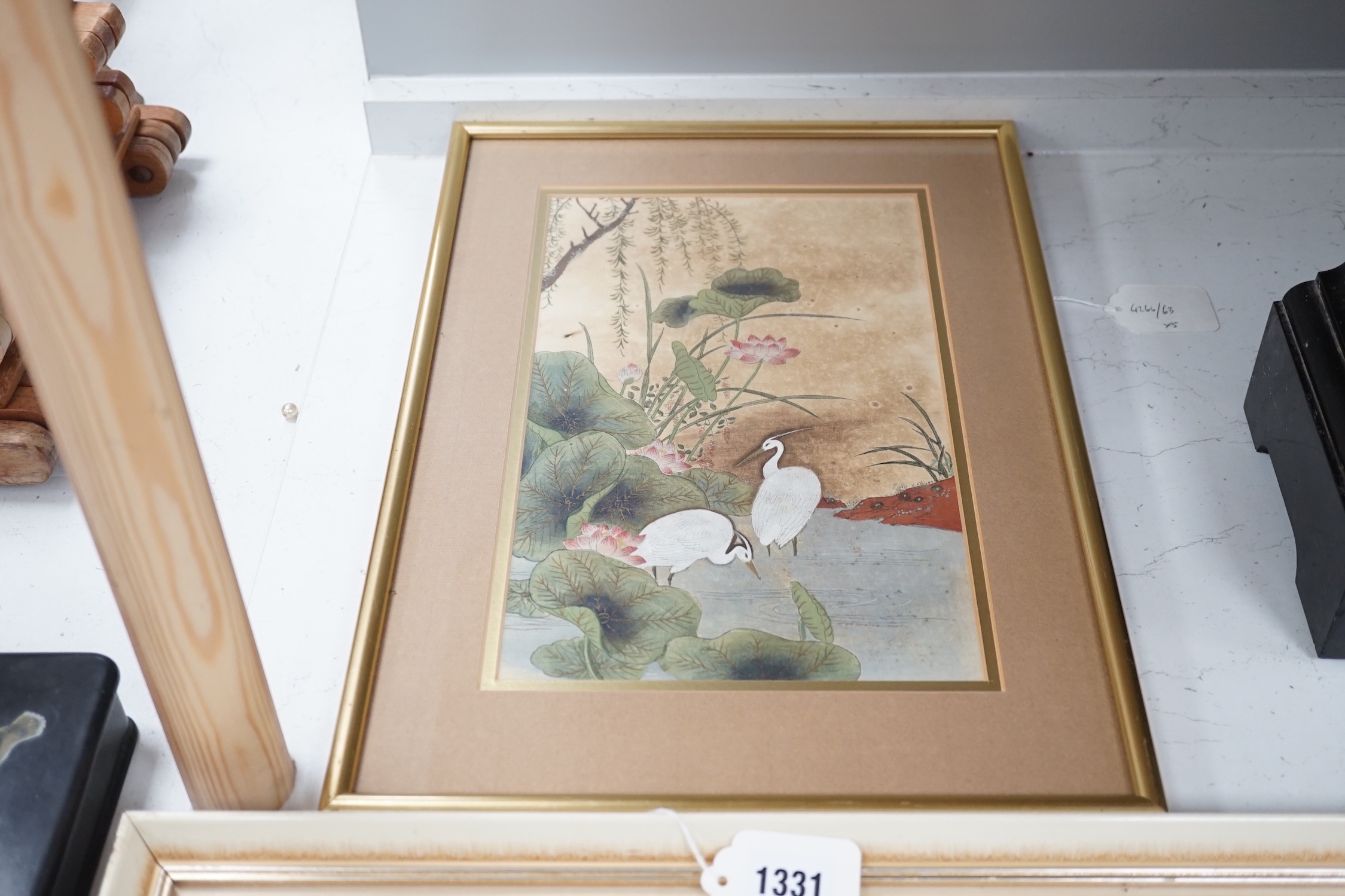 Two Japanese watercolours, a Kotozuka Eiichi woodblock print, a Japanese brocade panel and a book cover